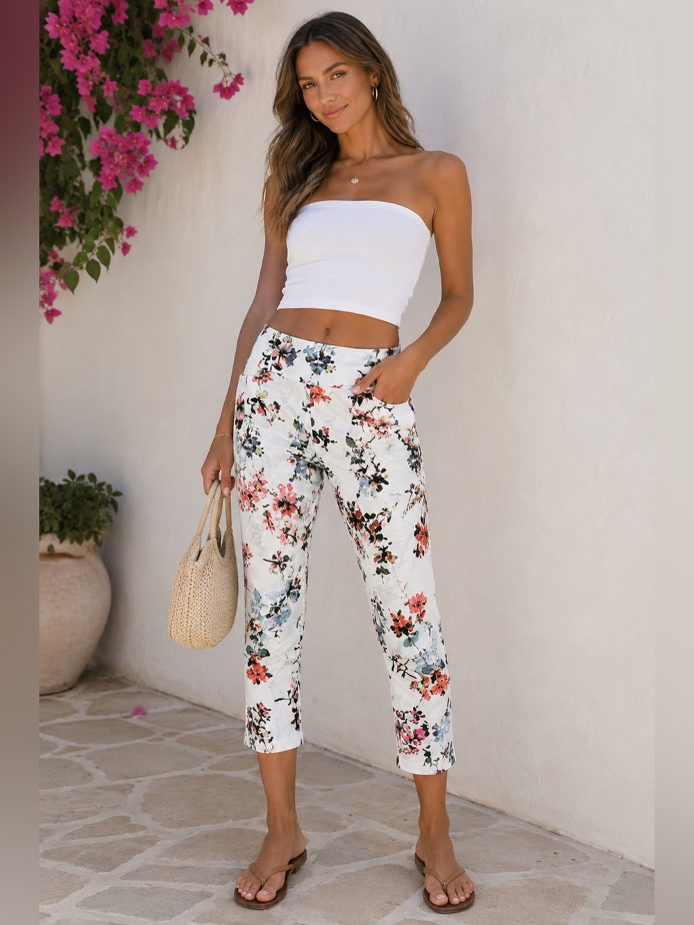 Up! Floral Print Women's Cropped Pants Size 10 Stretch Resortwear Vacation